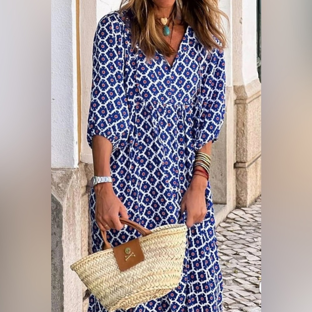 Blue and White Patterned Maxi Dress - Picture 2 of 8